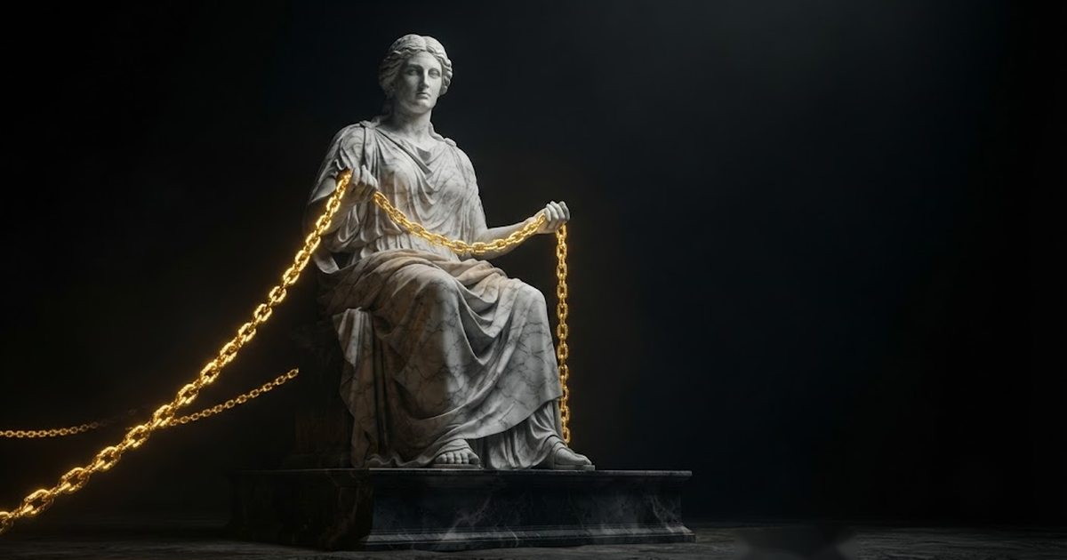 A colossal marble figure of Mnemosyne holding a long unbroken golden chain that recedes into darkness.