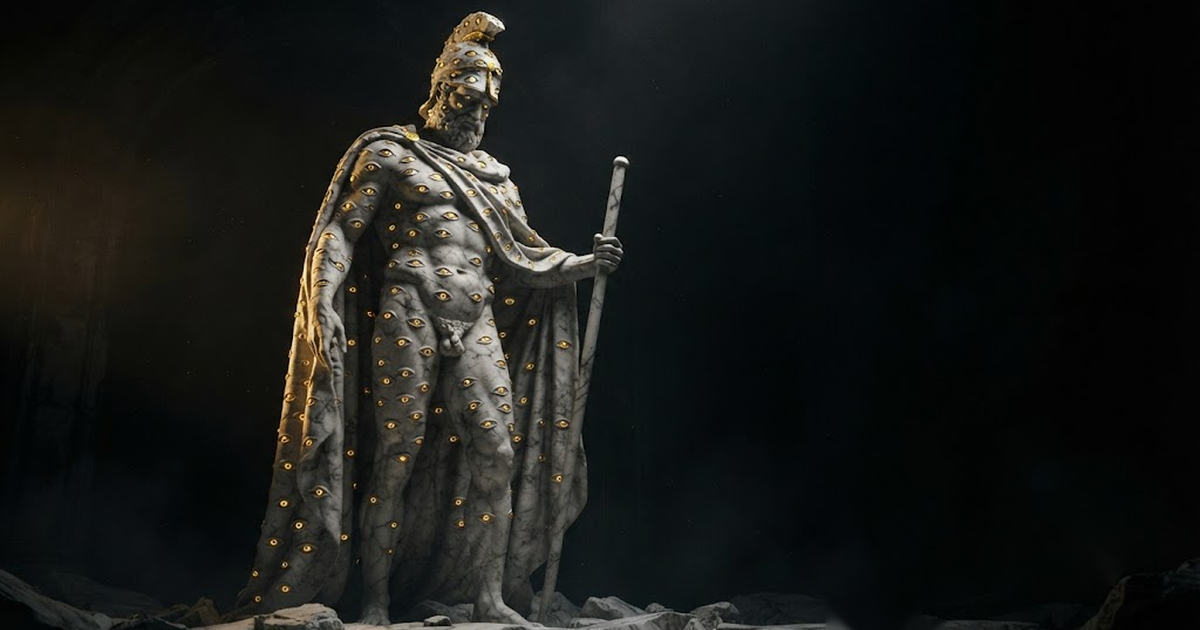 A colossal marble figure of Argus Panoptes covered in many eyes, gold light glinting in each, against black.