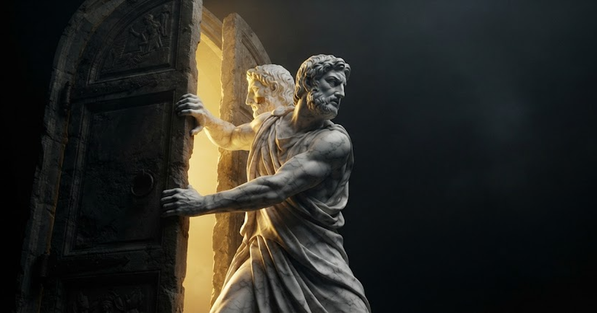Janus wrenching at two great doors that will not close, one face turned inward and one outward, in a void of pure black, satin gold light bleeding out through the gap and glazing his straining shoulders, exposed, uneasy