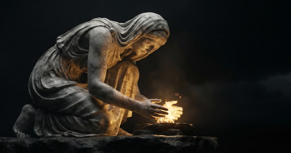 Hestia kneeling with her whole body curled around a low hearth flame, both hands cupped against a driving wind, in a void of pure black, satin gold light flickering up her forearms and carving the polished white and...