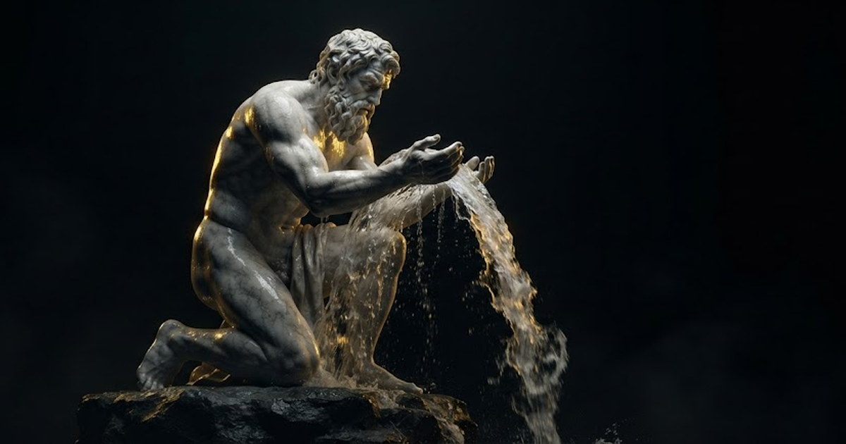Oceanus kneeling to lift a river from its bare stone source, the entire current running through his cupped forearms, in a void of pure black, satin gold light rippling along the wet marble and pouring off his elbows,...