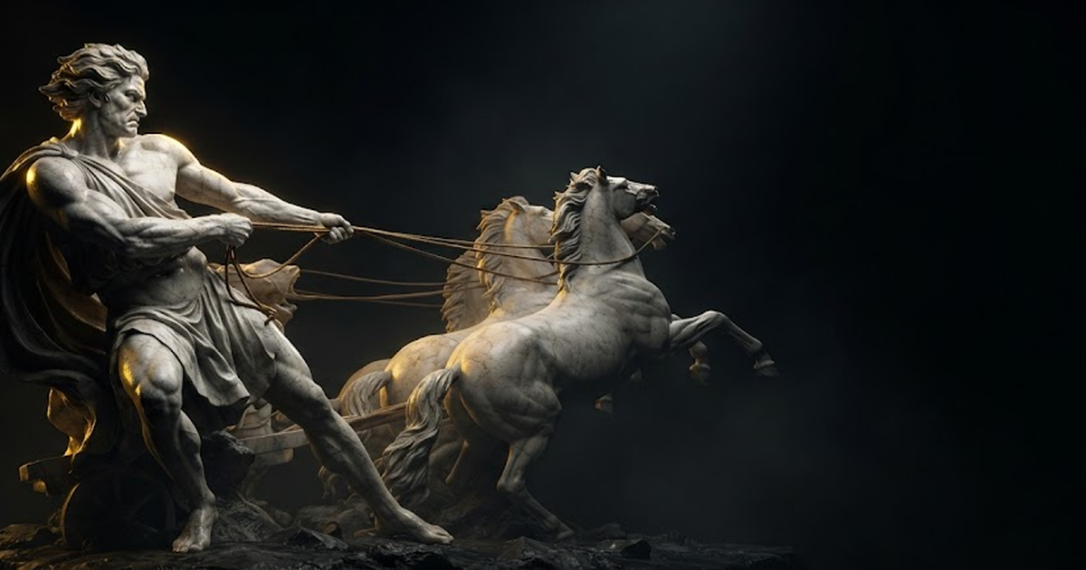 Helios hauling back four taut reins at the instant before dawn, weight thrown into his heels and his jaw set hard, in a void of pure black, satin gold light breaking across his shoulders and the strained cords of...