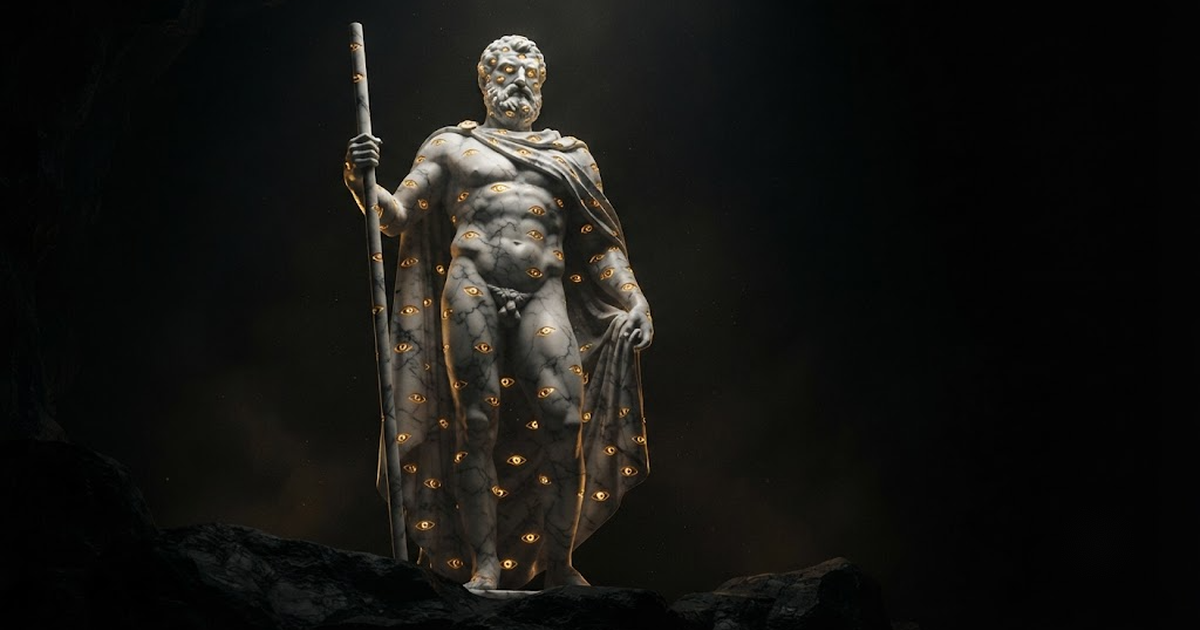 A colossal marble statue of Argus covered in many watchful eyes, lit by gold light against a black background