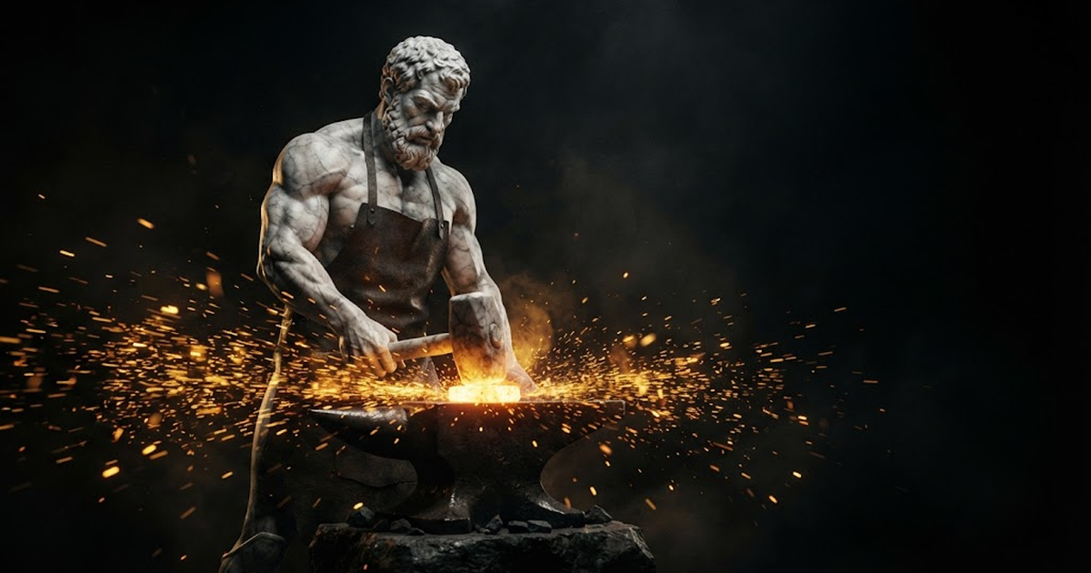 A colossal marble statue of Hephaestus forging a glowing seal at an anvil, lit by gold light against a black background
