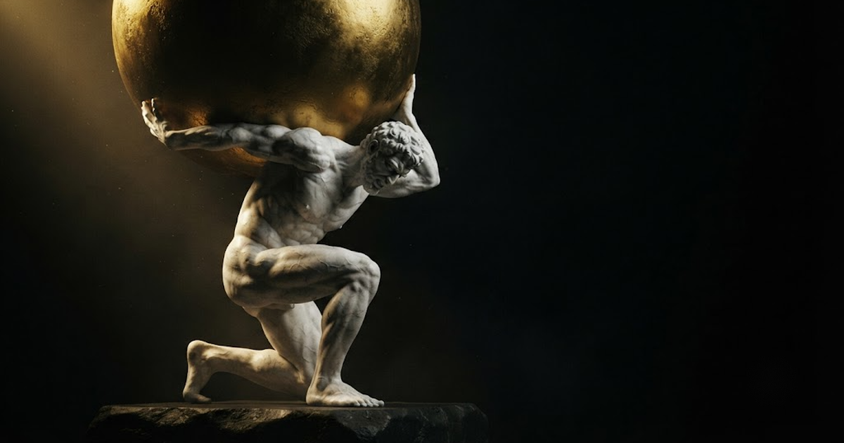 A colossal marble statue of Atlas holding a great sphere aloft alone, lit by gold light against a black background