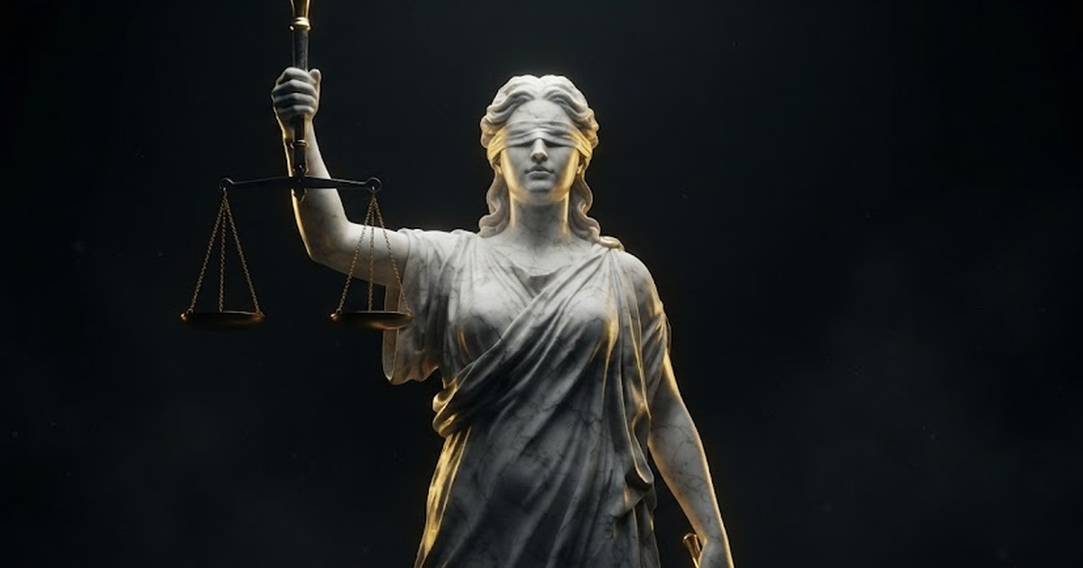 A colossal marble statue of Themis holding balanced scales with a stern calm face, lit by gold light against a black background