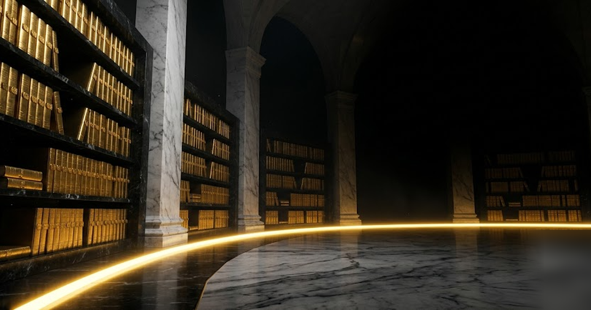 A black-marble counting hall lined with sealed golden ledgers stretching into shadow, an unbroken ring of luminous gold around the floor, void-black void beyond, cinematic, no text, no UI, frameless, 