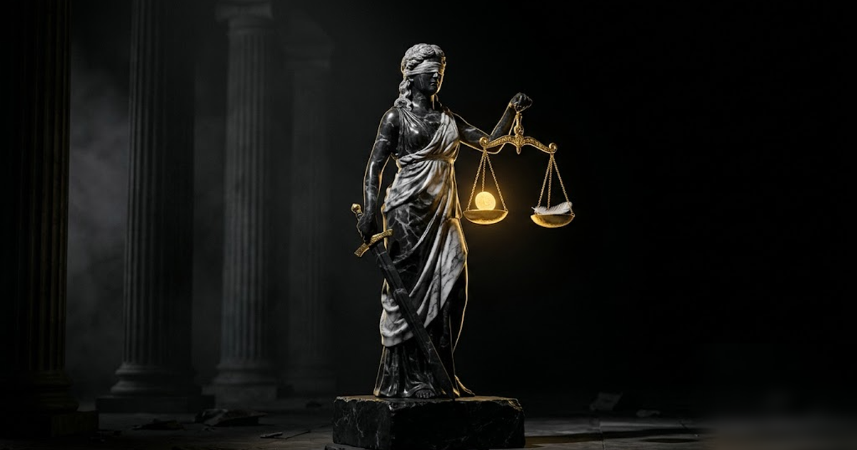 Themis goddess of order rendered in black marble with gold-leaf scales, weighing a single glowing golden coin against a feather, classical columns fading to dark, cinematic, no text, no charts, framel