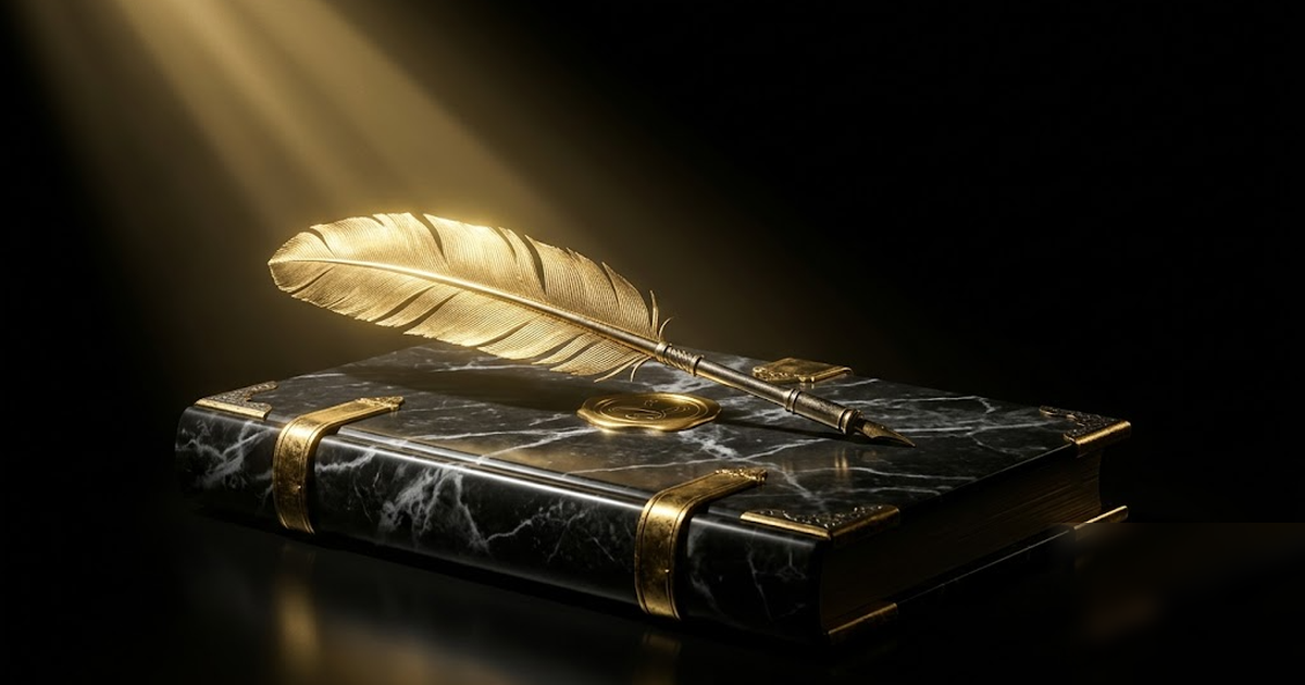 A single golden quill resting across a sealed black-marble ledger, glowing faintly in pure void, one dramatic shaft of light, satin-gold and void-black palette, cinematic and severe, no text, no peopl