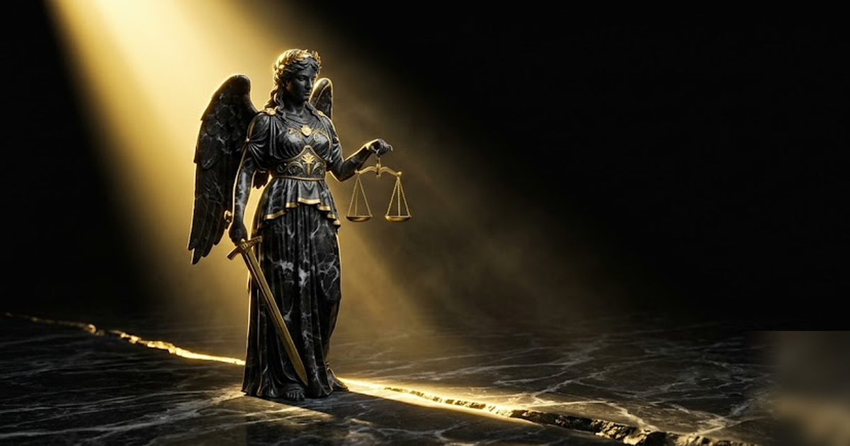 Nemesis the goddess of reckoning in black marble and gold, casting a sharp shaft of golden light across a hidden seam in the floor, watchful and still, void-black surround, cinematic, no text, no UI, 