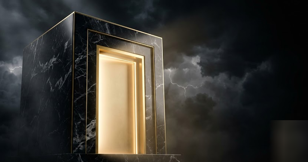 A black-marble vault of audit records, its golden-edged door seamless and sealed, glowing from within, stormy void above, satin-gold and void-black, cinematic and dignified, no text, no people, framel
