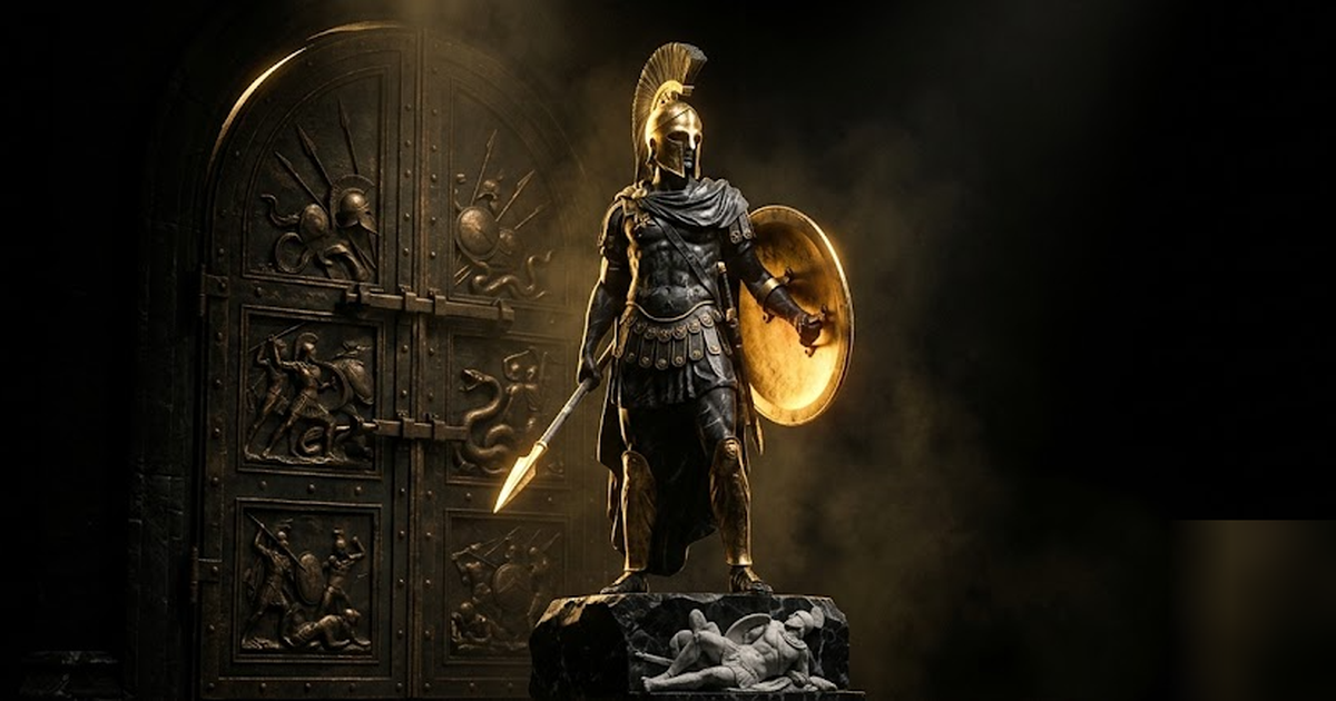 Cinematic Greek pantheon scene, Ares the war-god forged in black marble and satin gold standing before a sealed bronze gate, golden shield glowing faintly, void-black background, dramatic chiaroscuro,