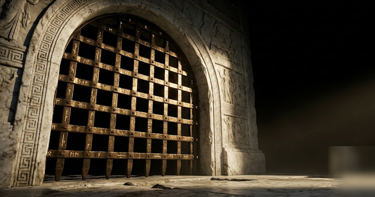 A colossal Greek bronze portcullis sealed shut, faint golden runes of circuitry along its bars, void-black void beyond, satin-gold light raking across the metal, cinematic, no text, no UI, frameless, 
