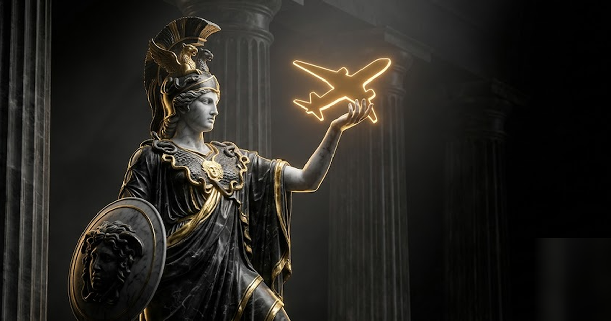Athena in full battle aegis rendered in black marble with gold-leaf detailing, holding a glowing golden aircraft silhouette aloft like a votive offering, classical columns fading to dark, cinematic, n