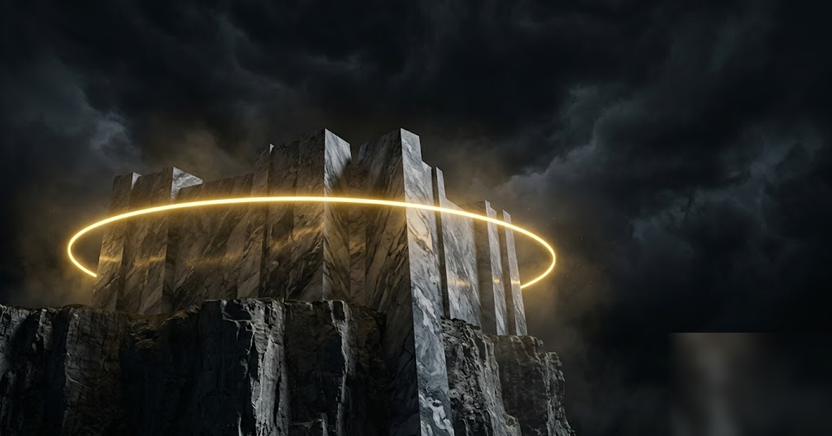 A black marble citadel on a cliff with an unbroken golden ring of light around its walls, no gate visible, stormy void sky, satin-gold and void-black palette, cinematic and severe, no text, no UI, fra