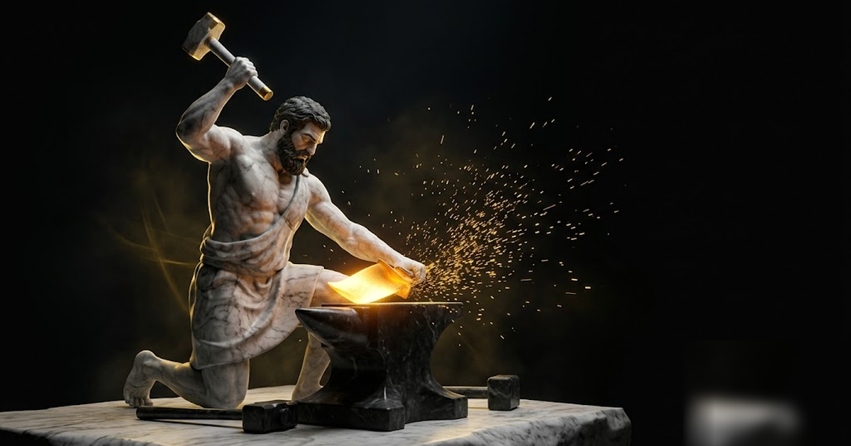 Hephaestus at a celestial forge hammering a glowing golden turbine blade, sparks of gold against pure black, classical anatomy, dramatic single light source, no text, no people in offices, frameless, 