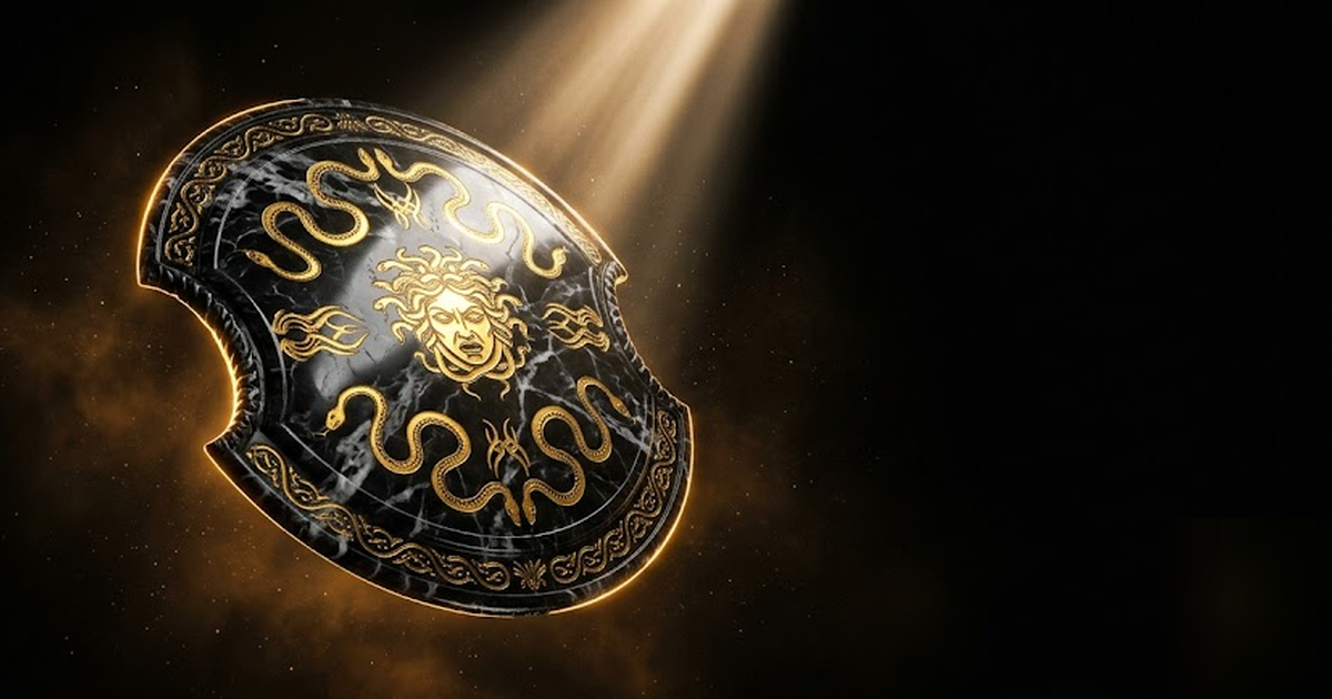 The Aegis shield of Zeus rendered as polished black marble inlaid with luminous gold serpentine patterns, floating in void, single dramatic beam of light, cinematic, no text, no charts, no UI, framele