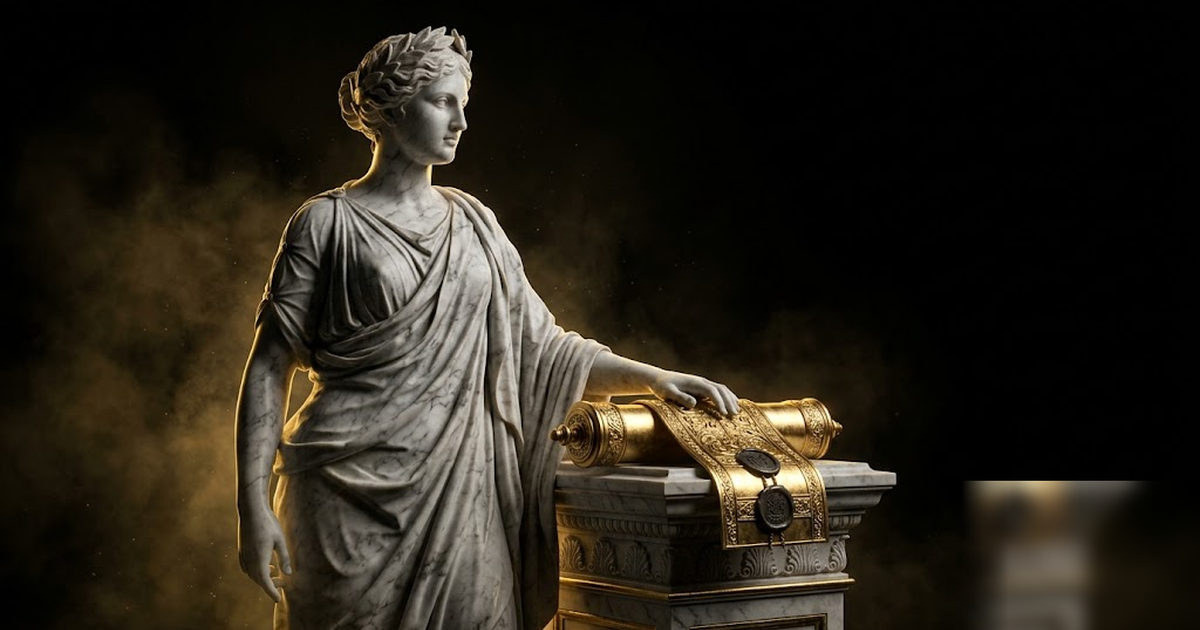 Cinematic Greek pantheon scene, the muse Calliope in black marble guarding a sealed golden scroll of an unreleased script, void-black background, satin-gold light, frameless, no text, no people in off