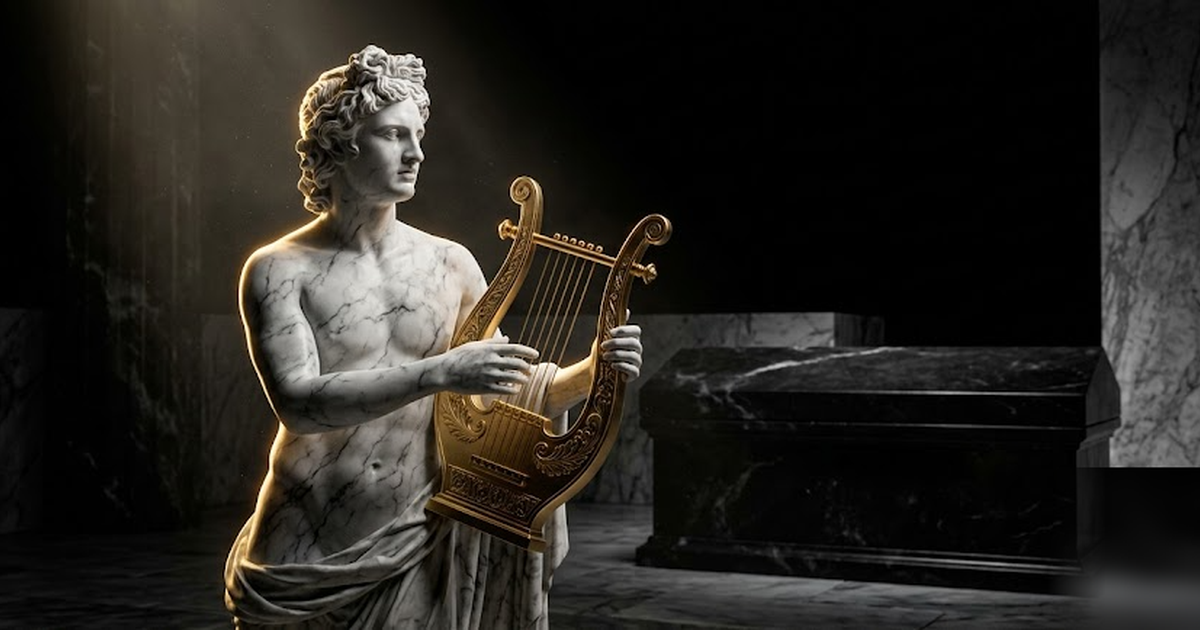 Apollo god of music holding a golden lyre whose sound is sealed inside a black marble chamber, void-black background, satin-gold accents, cinematic chiaroscuro, frameless, no text, no UI, no charts, n