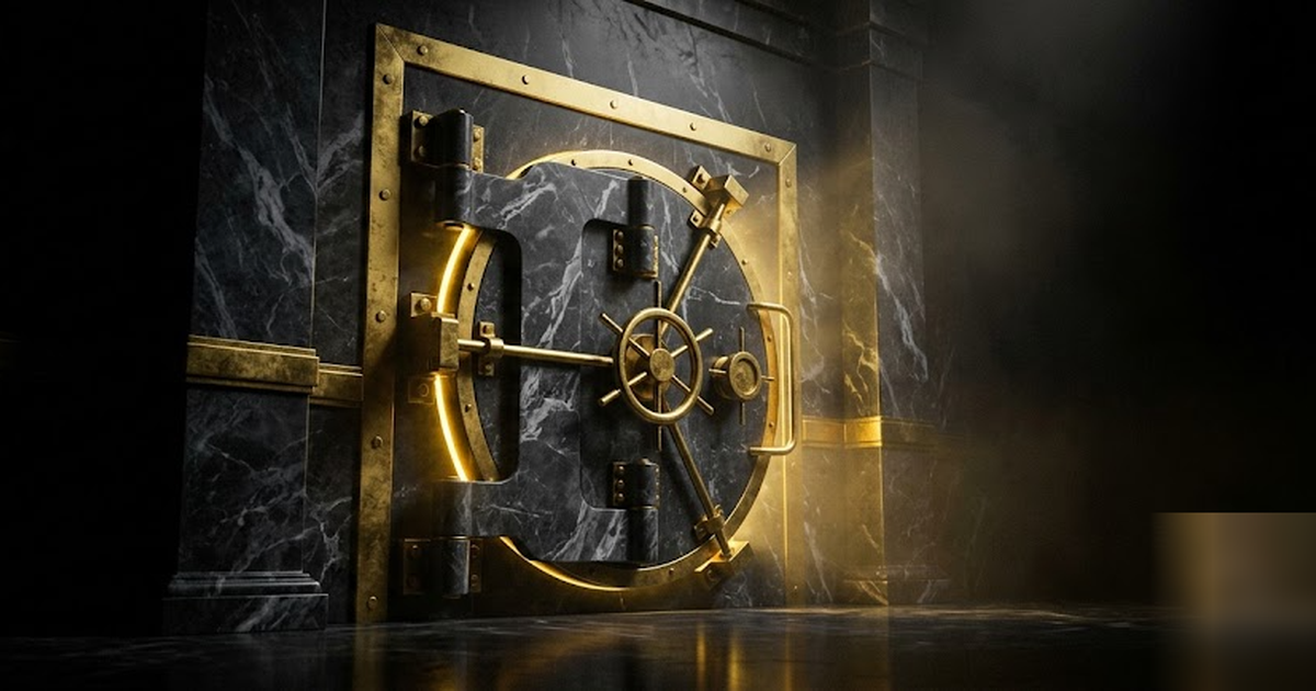 A black marble vault of film reels and master tapes glowing gold behind a shut, sealed door, void-black background, satin-gold light, cinematic and frameless, no text, no people, no UI, no charts, no 