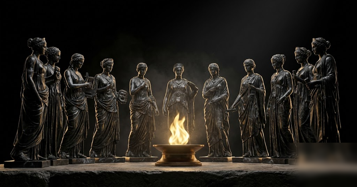 The nine muses rendered as obsidian statues encircling a single golden flame of unreleased work, void-black background, satin-gold accents, cinematic, frameless, no text, no people, no UI, no charts, 
