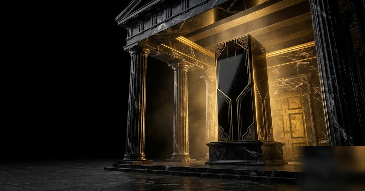 An obsidian server monolith inside a Greek temple of black and gold marble, golden creative light contained within the walls, the door shut, void-black background, cinematic, frameless, no text, no pe