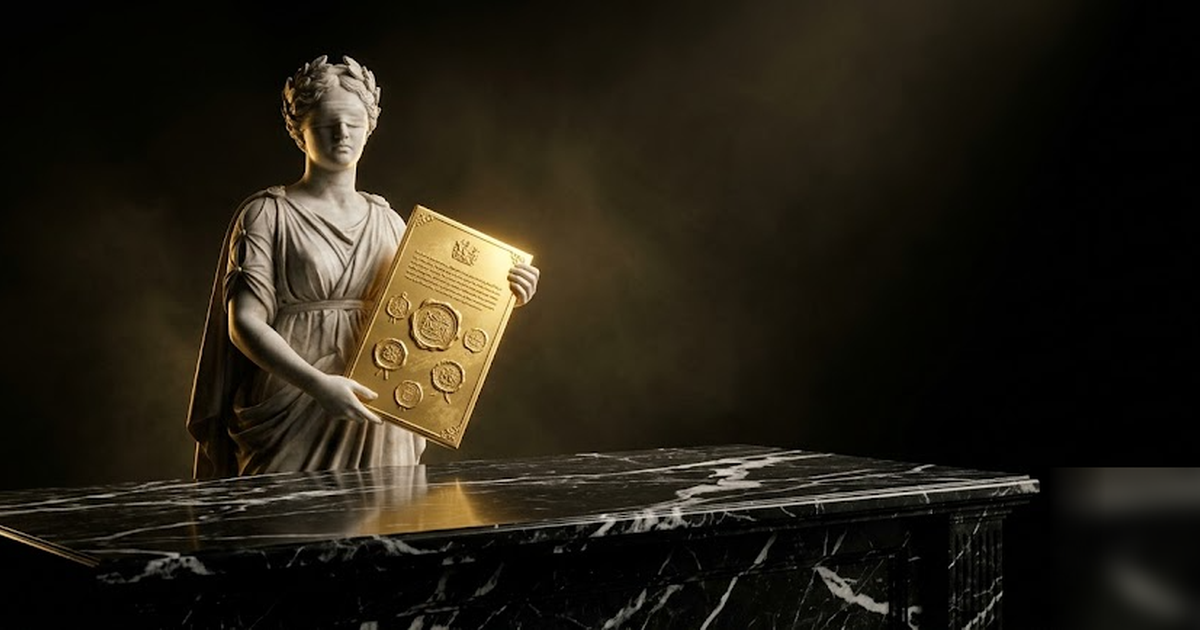 Themis the goddess of contracts holding a golden tablet inscribed with seals over a black marble desk, void-black background, satin-gold light, cinematic and frameless, no text, no people in offices, 