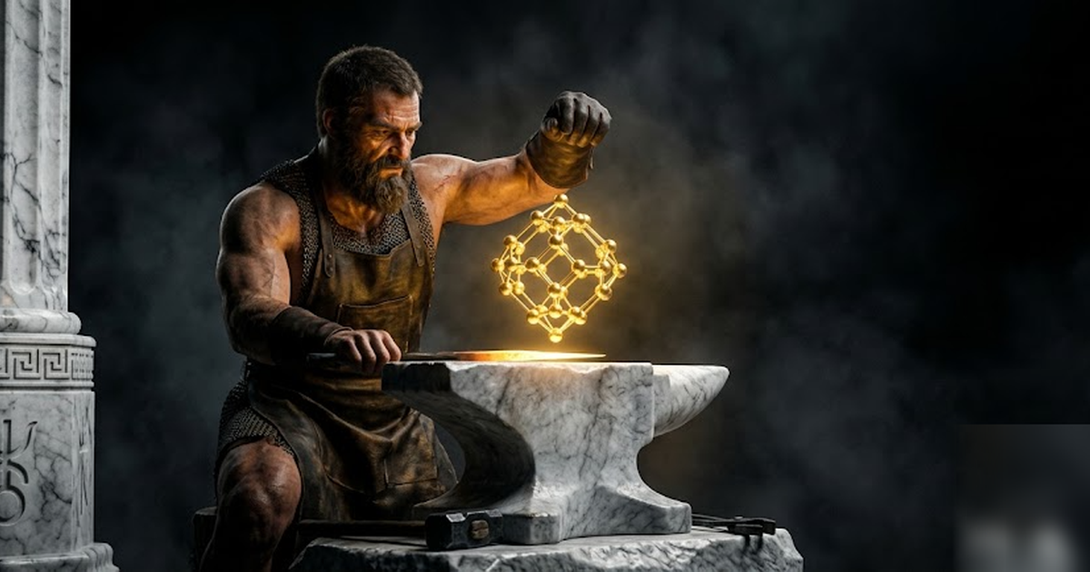 Cinematic Greek pantheon scene, Hephaestus as a master forge-god holding a glowing golden molecule suspended over an anvil, void-black background, satin-gold marble, dramatic chiaroscuro lighting, no 