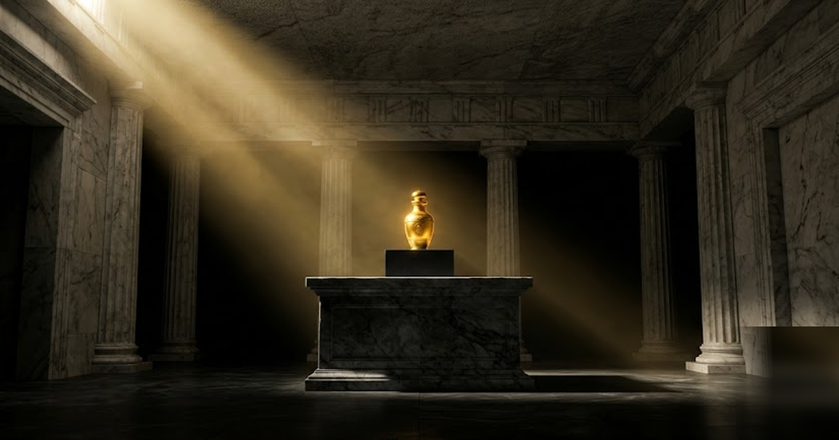A sealed marble vault in the style of a Greek temple inner sanctum, a single luminous golden vial resting on a black plinth, shafts of light, void-black and satin-gold palette, cinematic, no text, no 