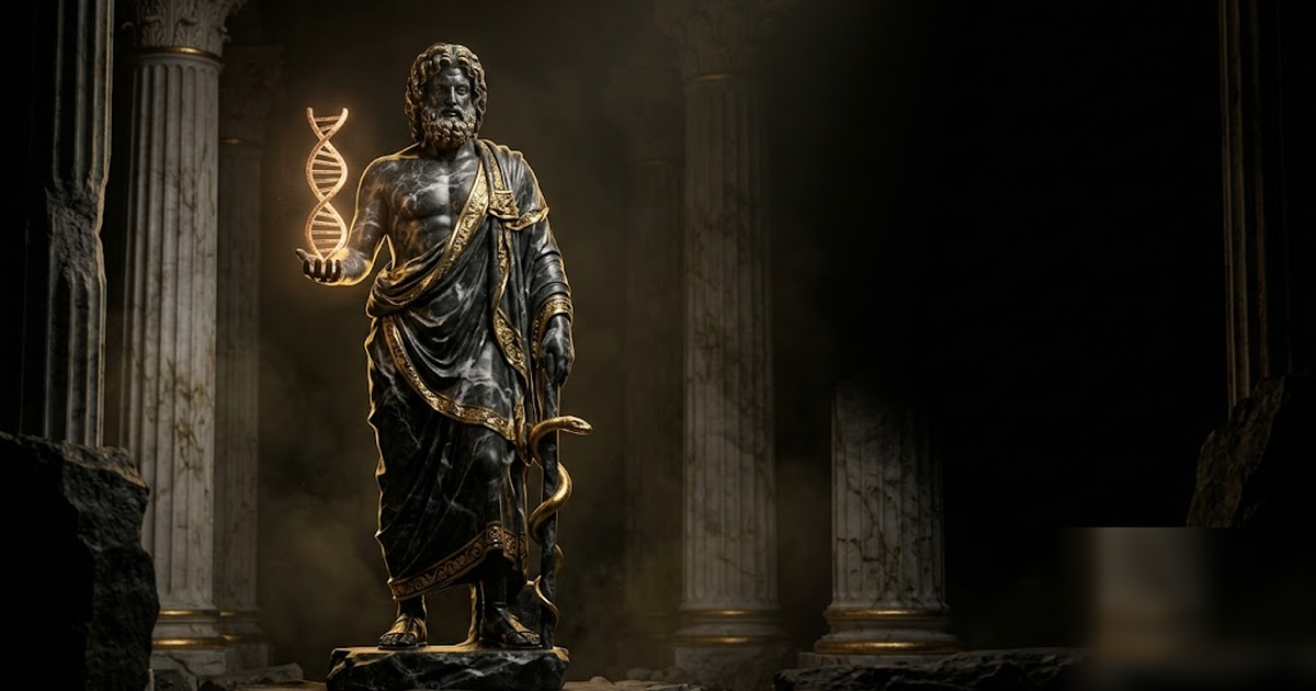 Asclepius the god of healing rendered in black marble and gold leaf, cradling a softly glowing double helix, surrounded by classical columns dissolving into darkness, cinematic chiaroscuro, no text, n