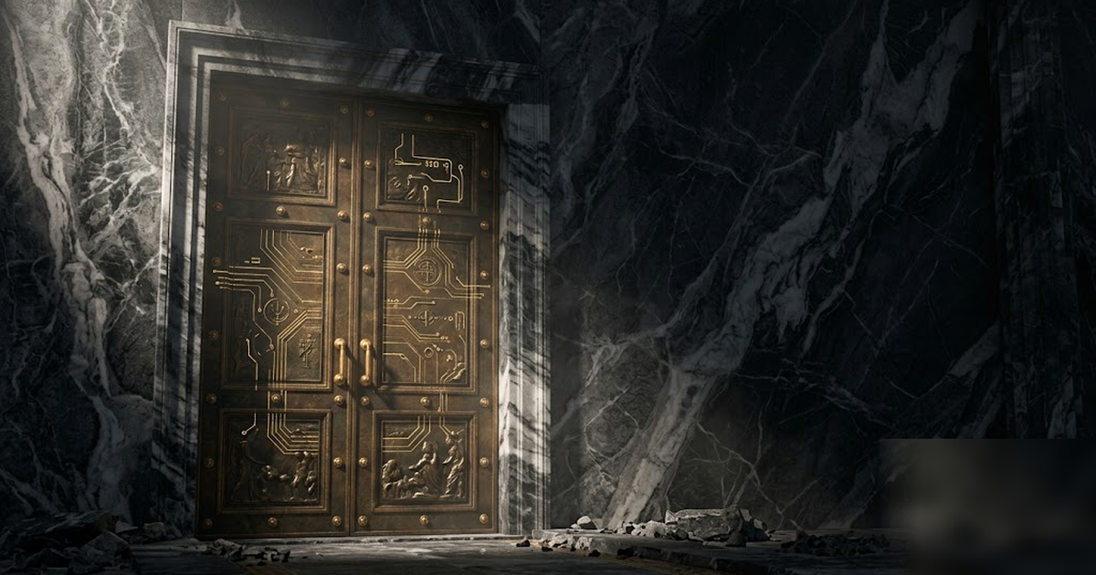 An impenetrable Greek bronze door set into black marble, faint golden circuitry etched into its surface like sacred carving, dramatic side lighting, void-black and gold, cinematic, no text, no UI, fra