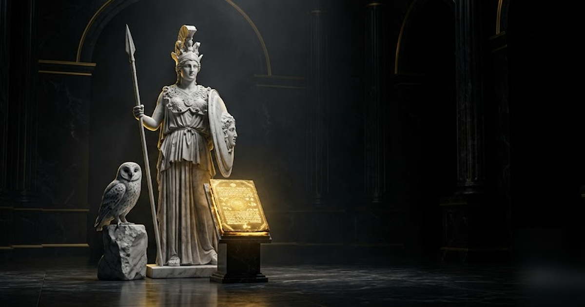 Athena standing guard over a glowing golden tablet of secret formulas, owl at her side, black marble hall, satin-gold accents, cinematic and reverent, no text, no charts, no UI, frameless, no watermar