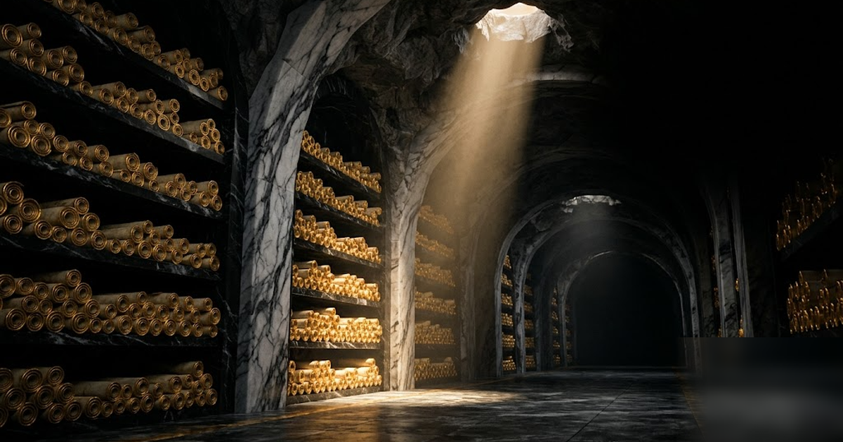 A vast subterranean Greek archive of black marble shelves stretching into shadow, each scroll edged in gold and faintly luminous, a single shaft of light from above, cinematic, void-black and satin-go
