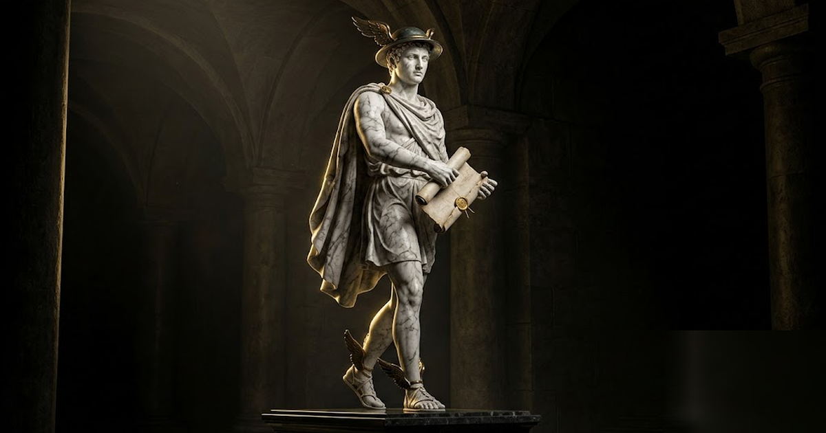 Cinematic Greek pantheon scene, Hermes the messenger god rendered in void-black and satin-gold marble, holding a sealed scroll close to his chest inside a vaulted chamber, dramatic chiaroscuro lightin