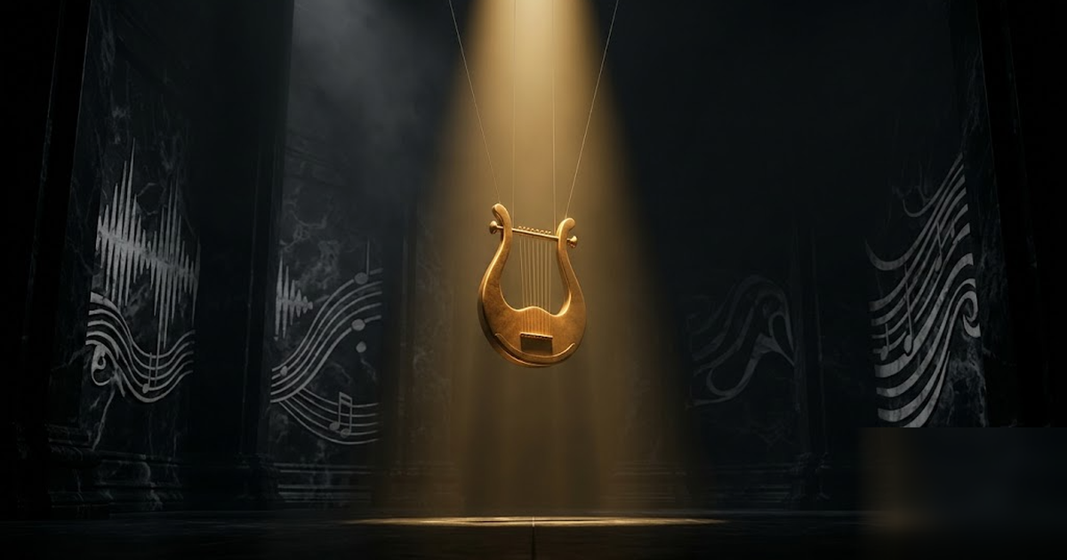 Void-black marble hall with a single satin-gold acoustic lyre suspended in a beam of light, sound waves carved into the stone walls, cinematic mythic atmosphere, no text, no people, no UI, frameless, 