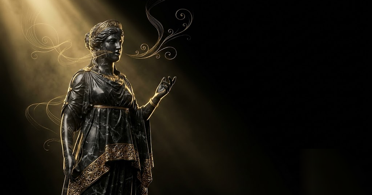 Goddess Peitho, deity of persuasion, sculpted in black marble with satin-gold filigree, lips parted mid-speech, golden threads of conversation curling around her, dramatic god-ray lighting, no text, n