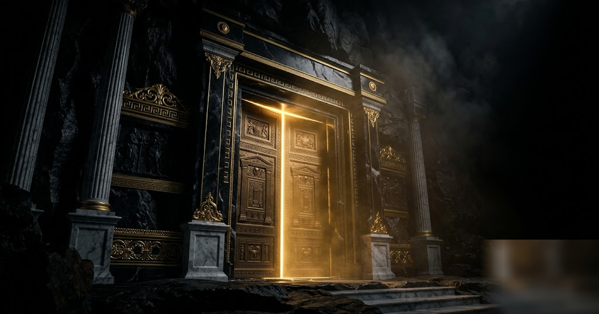 A fortified Greek server vault carved from obsidian and gold, a sealed bronze door with no keyhole on the outside, golden light leaking from within, cinematic depth, no text, no people, no UI, framele