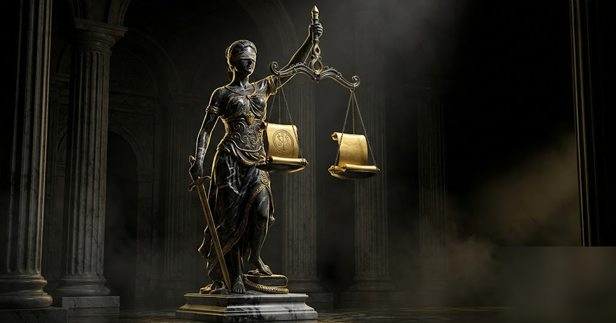 Themis-like figure in black and gold marble weighing two golden scrolls on a balance, one labelled by symbol only, mythic courtroom of columns behind her, dramatic lighting, no text, no people in offi