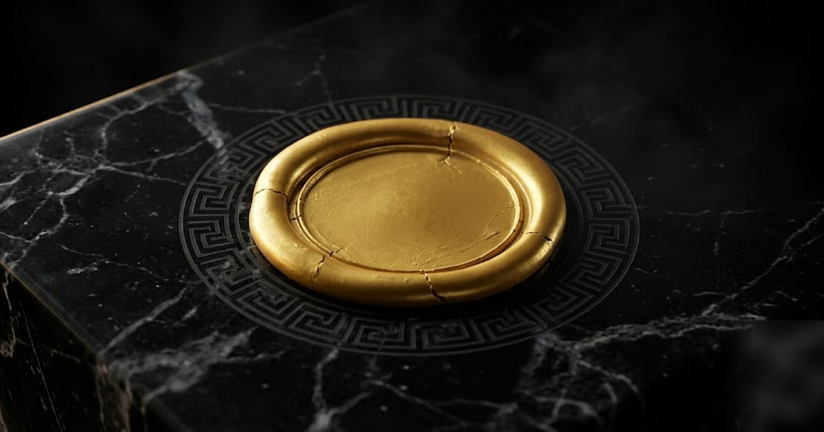 Close-up of a satin-gold wax seal pressed into black marble, a faint Greek key pattern radiating outward like an audit signature, cinematic macro lighting, void-black background, no text, no UI, frame