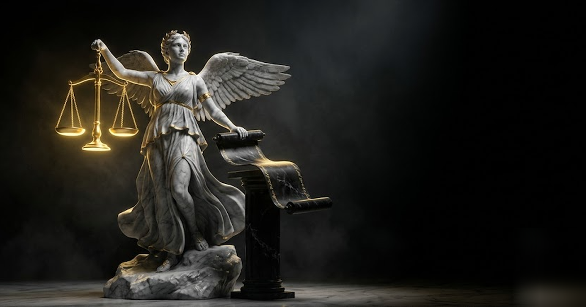 Cinematic wide shot of Astraea, Greek goddess of justice, holding aloft golden scales over an open scroll of black marble, fine gold script glowing faintly along its edge, void-black and satin-gold pa
