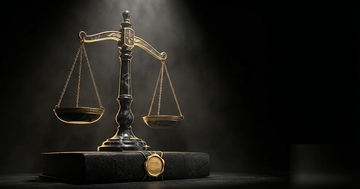 A towering set of golden scales carved from void-black marble, perfectly balanced over a sealed contract tablet of black stone, dramatic single shaft of light, satin-gold accents, no text, no charts, 