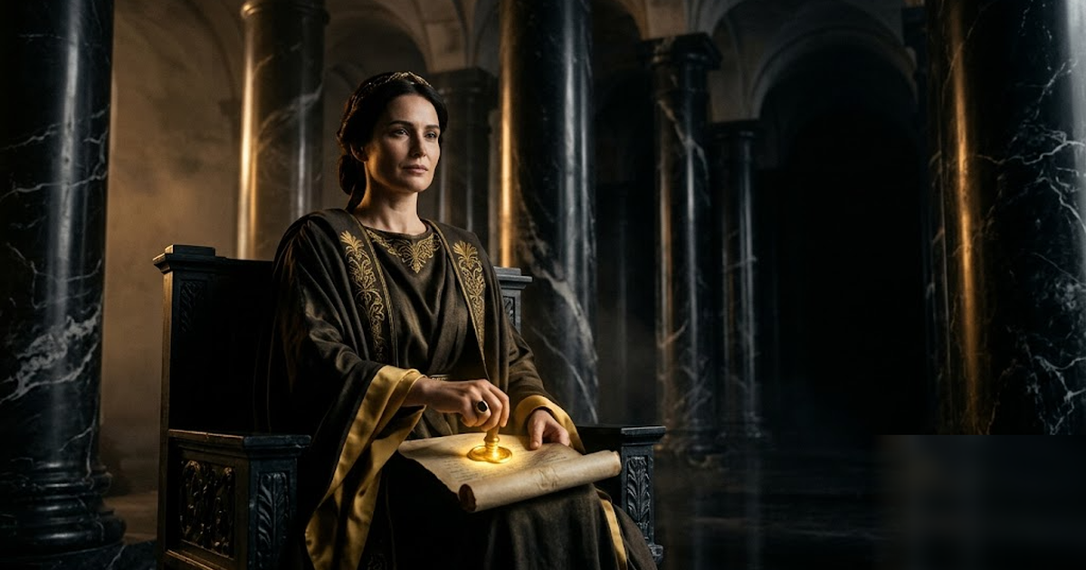 Astraea seated before a colonnade of black marble pillars, a glowing golden seal of privilege pressed into a scroll on her lap, warm chiaroscuro, sovereign and composed, no people in offices, no UI, f