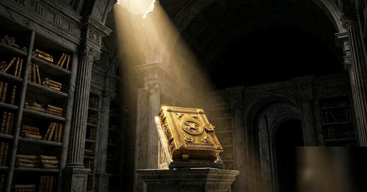 A vast library vault of black marble shelves filled with gold-edged scrolls, a single beam of light falling on one sealed golden tome, cinematic Greek pantheon style, no text, no people, no watermark