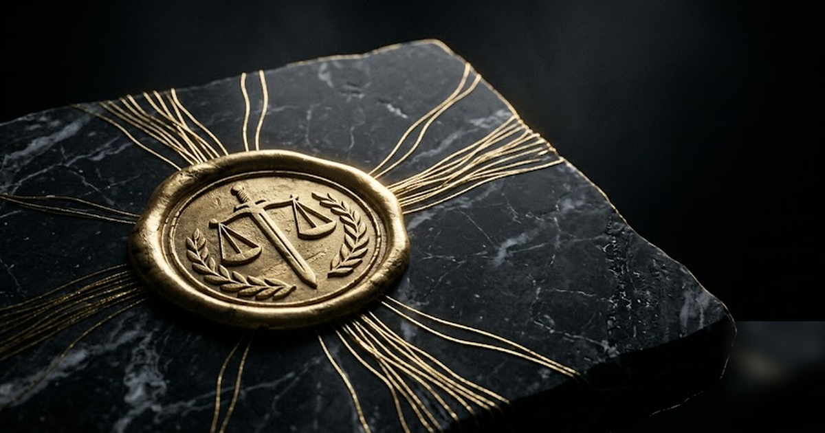 Close cinematic study of a wax-and-gold seal stamped into black marble bearing the mark of justice, fine gold filaments radiating outward, void-black background, no text, no UI, no watermark