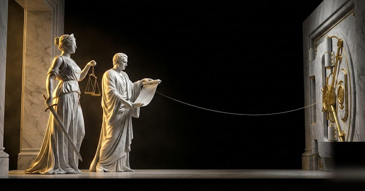 The goddess of justice and the keeper of records standing together at a black marble threshold, a golden thread linking a scroll to a sealed vault, void-black and satin gold, cinematic, no text, frame