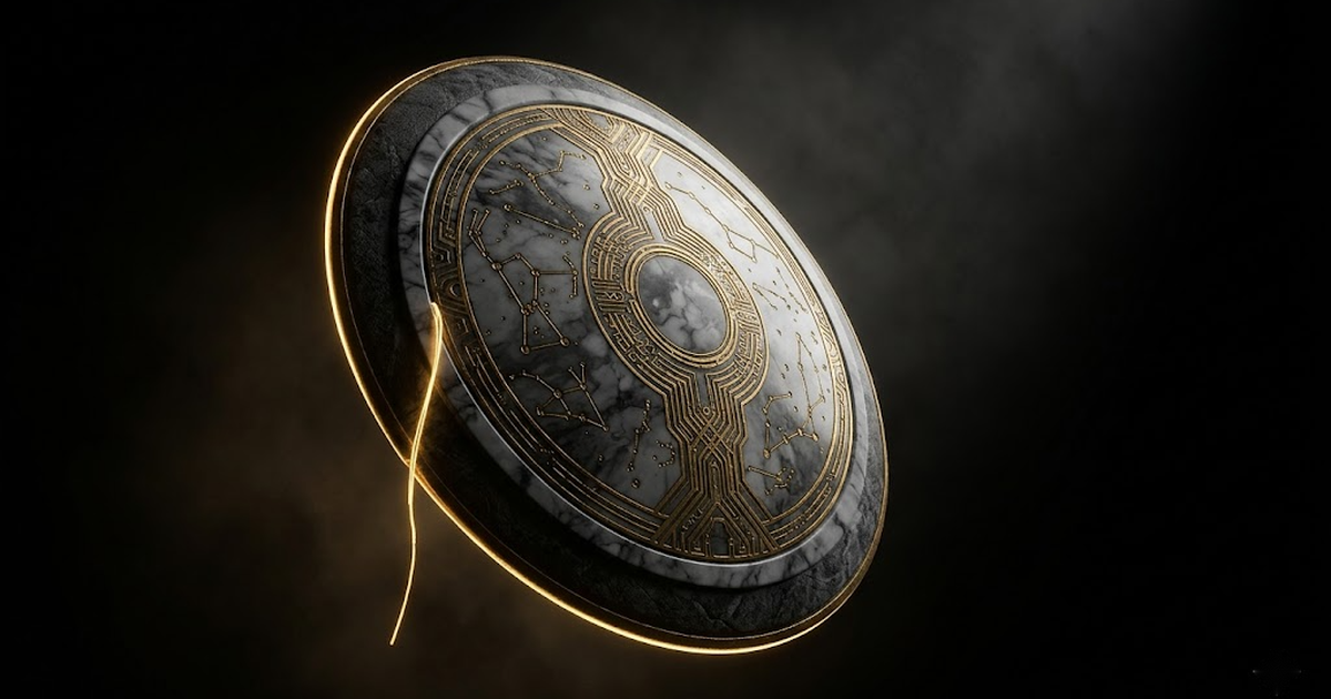 A golden aegis shield suspended in void black, its surface inscribed with constellations, a single severed thread of light hanging where a connection has been cut.