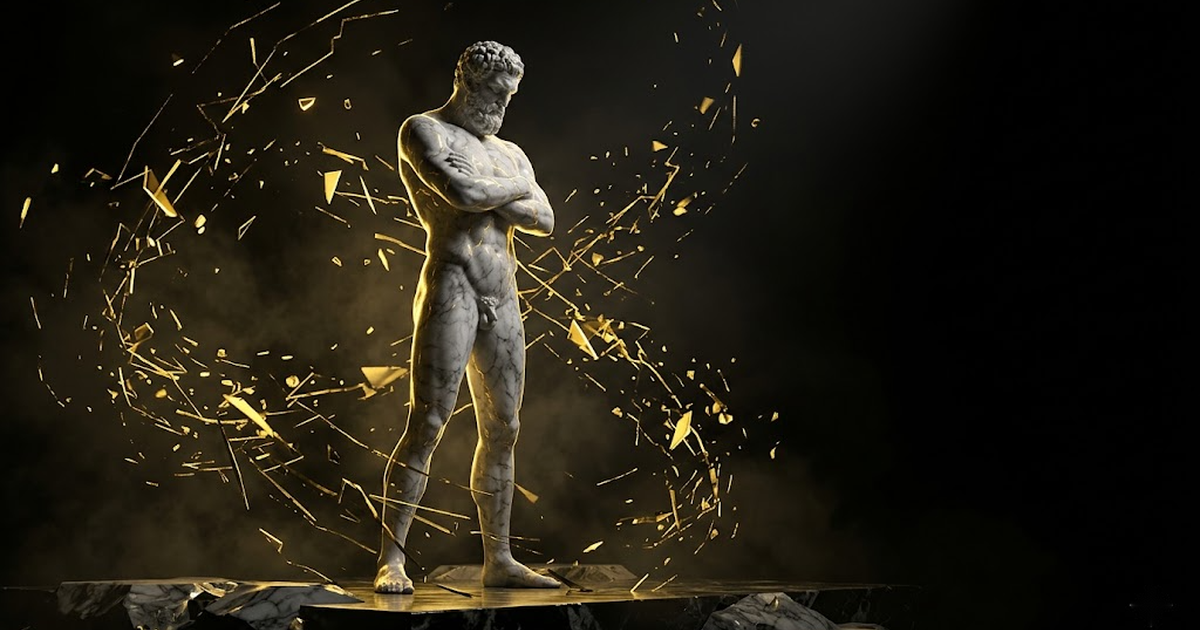 A titan standing firm in a storm of golden interference lines, the chaos breaking around an unmoved figure carved from marble and light.