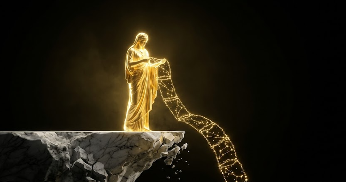 An oracle of golden light examining a hash-chained scroll of constellations, each link verified against the dark, no other presence in the void.