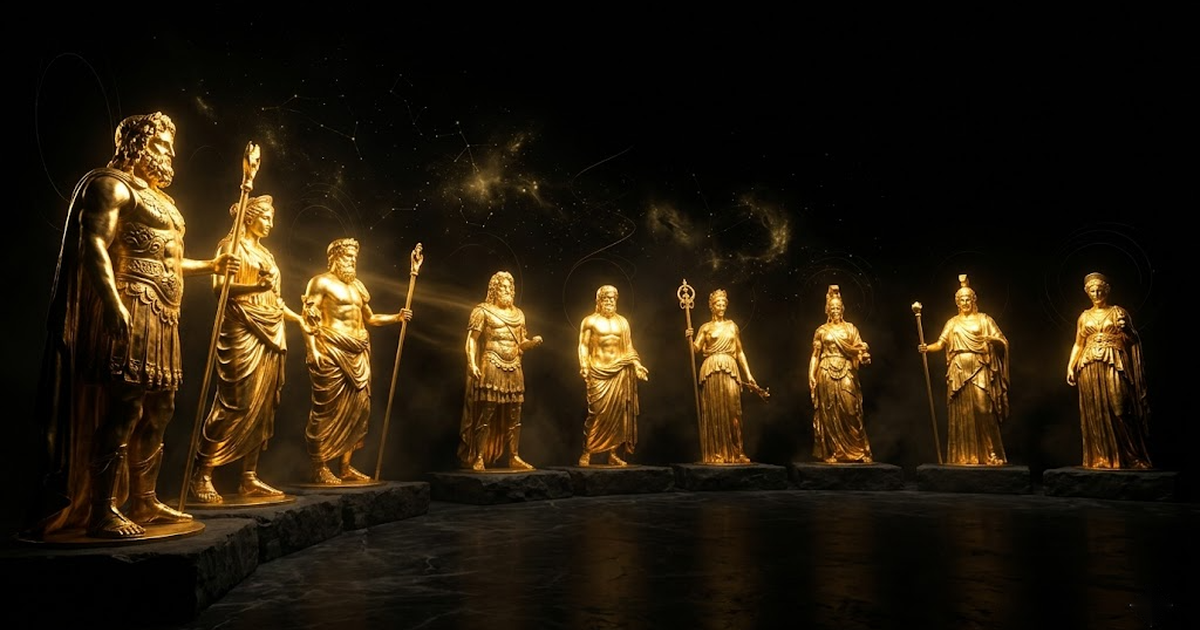 A pantheon of golden lights standing in sealed darkness, self-illuminated, owing nothing to any source beyond the void in which they hold their ground.
