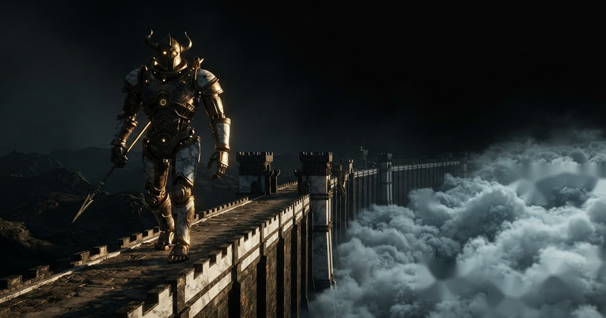 A colossal bronze automaton sentinel patrols a towering marble rampart in the void, a storm of cloud light held back beyond the wall it guards.